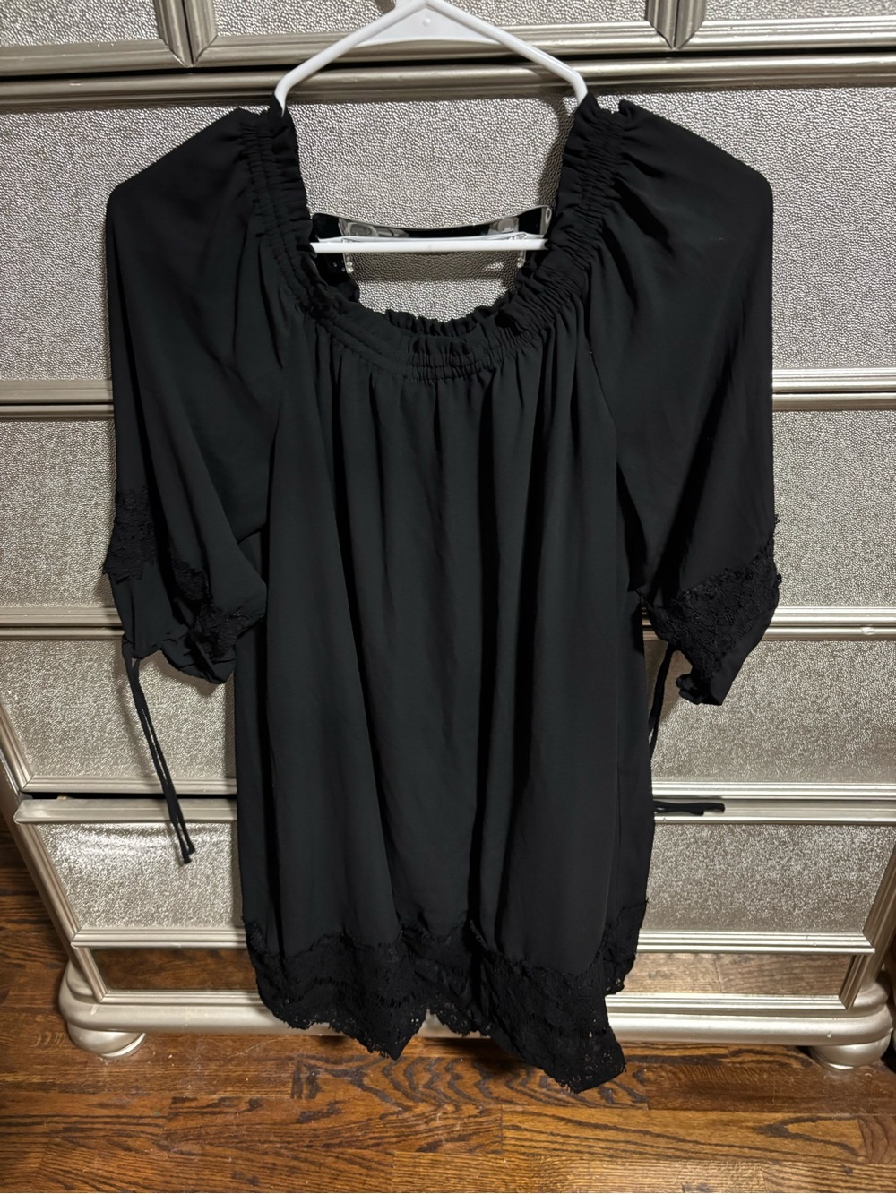 LOFT Black Peasant Dress with Lace Trim